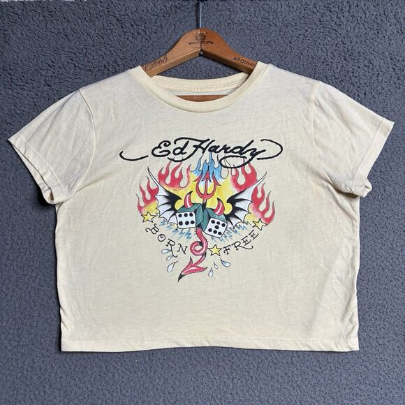 Y2K Ed Hardy Yellow Graphic T Shirt Cropped Top Womens Large - Picture 1 of 11